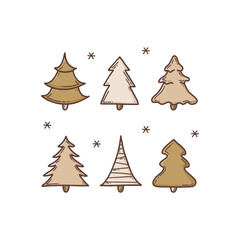Fototapeta premium Simple set of Christmas trees, decorations, snowflakes. Colorful winter design doodle vector illustration in flat cartoon style. Boho color concept.