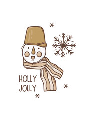 Simple illustration of Christmas greeting card with snowman, lettering quote, snowflakes and decorations. Doodle vector winter drawing isolated on white background. Holly Jolly.