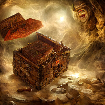 opened treasure chest, evil eyes, fantasy digital art, game loot box, 3d render, 3d illustration