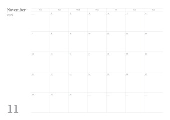 November 2022 calendar template design illustration is simple style. Memo, scheduler, diary, calendar, memo, planner document template background.