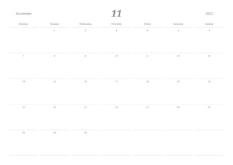 November 2022 calendar template design illustration is simple style. Memo, scheduler, diary, calendar, memo, planner document template background.