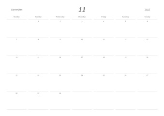 November 2022 calendar template design illustration is simple style. Memo, scheduler, diary, calendar, memo, planner document template background.