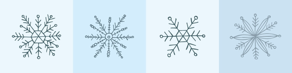 A set of hand-drawn snowflakes. Vector illustration in doodle style. Winter mood. Hello 2023. Merry Christmas and Happy New Year. Gray elements on a light blue background.