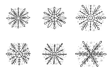 A set of hand-drawn snowflakes. Vector illustration in doodle style. Winter mood. Hello 2023. Merry Christmas and Happy New Year. Black and gray elements on a white background.