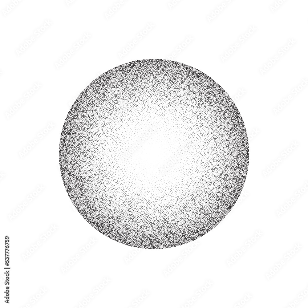 Poster Grain circle gradient. Stippled round shape. Radial stochastic dotwork texture. Random grunge noise background. Black dots sphere. Halftone vector 