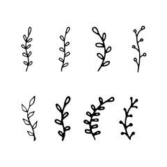 Hand drawn branches set doodle vector illustration. Herbs and wild floral isolated on white