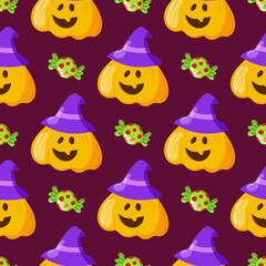 Halloween seamless pattern with Pumpkin Jack o lantern and candies. Smily pumpkin with swits. Pattern for print, textile, fabric, wrapping paper