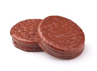Two chocolate covered sandwich cookies