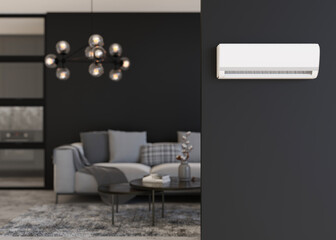 Modern AC, air conditioner hanging on the wall in room. Cooling product for hot climate in summer. Machine which keeps the air in a building cool and dry. Modern interior with air-conditioning. 3D