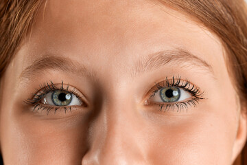 Naklejka premium Close-up image of beautiful grey female eyes looking at camera. Redhead model with nude makeup. Mascara beauty