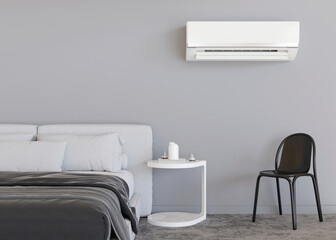Modern AC, air conditioner hanging on the wall in room. Cooling product for hot climate in summer. Machine which keeps the air in a building cool and dry. Modern interior with air-conditioning. 3D 