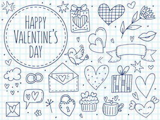 Big set of cute hand-drawn doodle elements about love. Message stickers for apps. Icons for Valentines Day, romantic events and wedding. A checkered notebook.