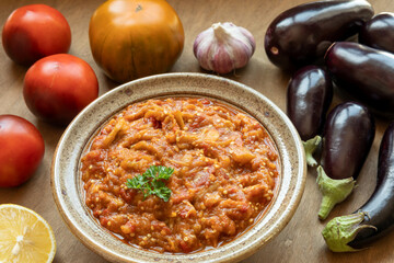 Moroccan Zaalouk -Eggplant and Tomato Salad or Dip of eggplants and tomatoes seasoned with paprika, cumin, garlic, and herbs.