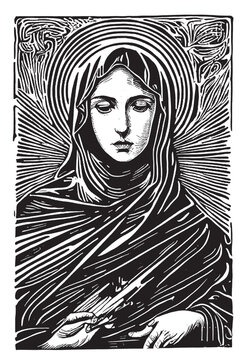 Mary, mother of Jesus. Linecut style drawing vector art. Holy Mother Mary praying.