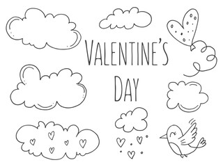 Set of cute hand-drawn doodle elements about love. Message stickers for apps. Icons for Valentines Day, romantic events and wedding. A bird with a balloon in the sky with clouds.