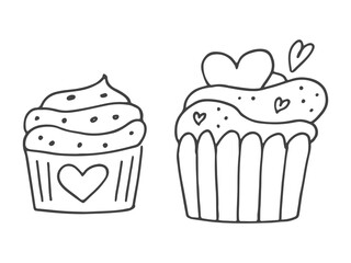 Set of cute hand-drawn doodle elements about love. Message stickers for apps. Icons for Valentines Day, romantic events and wedding. Cupcakes with hearts.