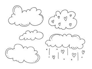Set of cute hand-drawn doodle elements about love. Message stickers for apps. Icons for Valentines Day, romantic events and wedding. Clouds and rain from hearts.