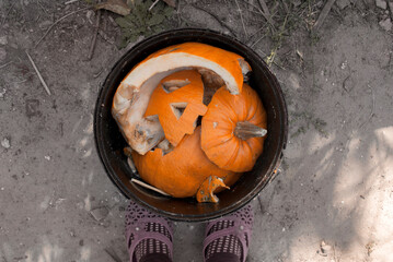 Composting concept. Rotten, spoiled pumpkin monster in the trash. Cleaning up after Halloween.