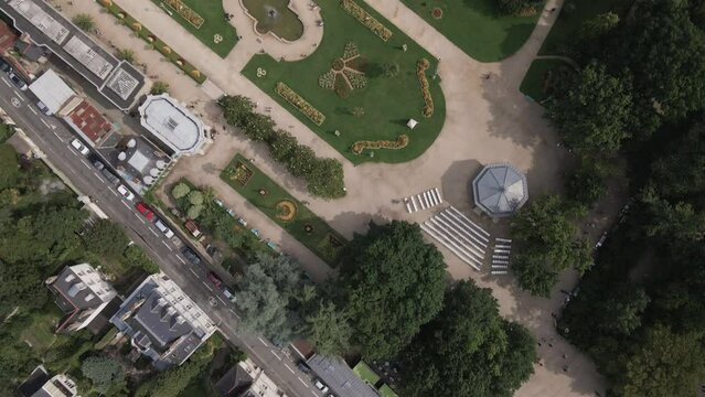 Thabor gardens at Rennes in France. Aerial top-down forward directly above