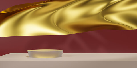 Gold color podium on gold fabric flying wave. Luxury background for branding and product presentation. 3d rendering illustration.
