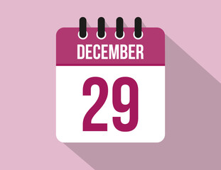 29 day December calendar. Calendar vector for December in pink color on light background