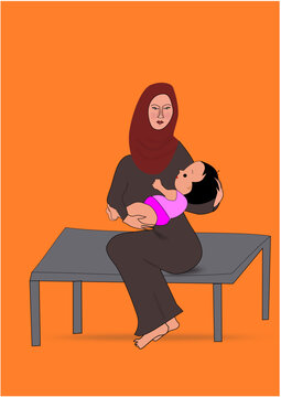 Muslim mother holding her baby Stock vector.