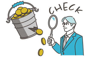 Businessman checking company expenses for waste in order to cut costs [Vector illustration].