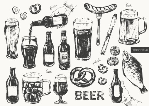 Hand drawn beer bottles, glasses, mugs, beer snack, pretzel, sausage, fish illustration