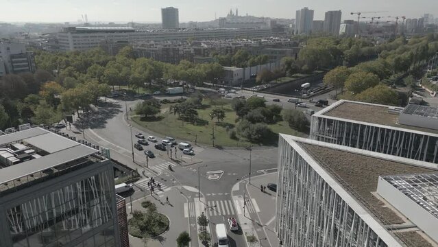 Drone flying over &Eacute;cole Lesage embroidery school in Paris, Porte d&rsquo;Aubervilliers. Aerial forward