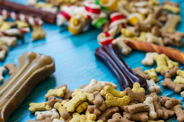 Dog bones and biscuits on turquoise wooden background