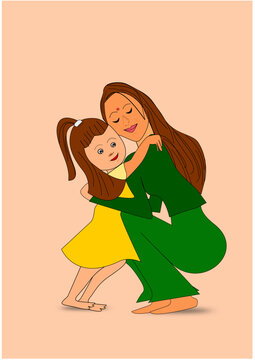 Mother smiling and hugging her doughter Stock Vector.