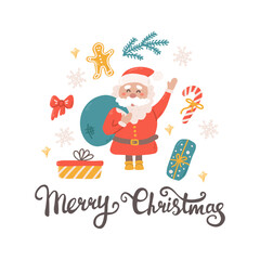 Greeting card, cute Santa with gifts and snowflakes, hand lettering Merry Christmas, vector flat illustration on white background