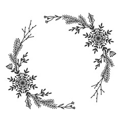 Christmas Hand Drawn Floral Wreath, Winter Botanical Circle Frame - obrazy, fototapety, plakaty