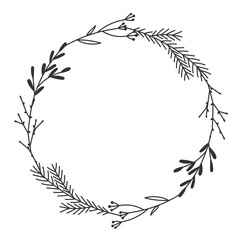 Christmas Hand Drawn Floral Wreath, Winter Botanical Circle Frame - 537781120