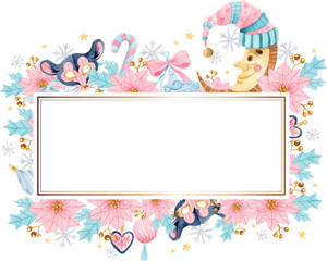 Merry Christmas watercolor floral frame for greeting card and invitation	 