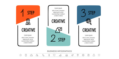 Modern infographic template. Vector business numbered rectangular frames with 3 steps, circles for three options, multi-color, labels. Progress concept with parts for presentation, annual report.