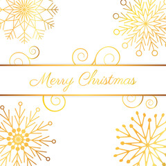 Fototapeta na wymiar Elegant Christmas New Year greeting card with gold snowflake frame with copy space on white background. Minimalist retro vintage style template for holiday poster banner party invitation