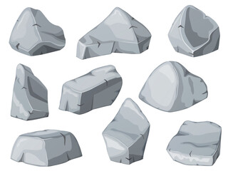 Rock stone cartoon set. Cobblestones of various shapes. Rocks and debris of the mountain.