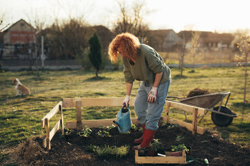 mid adult woman gardening in her backyard garden