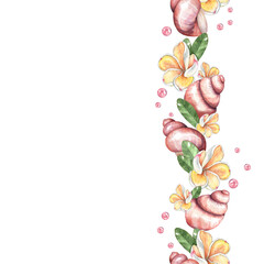 Marine seamless border made of shells. Watercolor illustration. Isolated on white - 537782509
