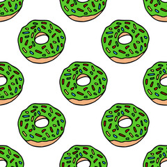 Seamless pattern with cute bright green donuts on white background. Vector image.