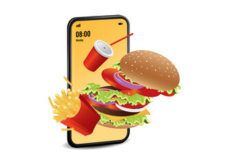 Vector illustration of burger set mobile online delivery service [Converted]