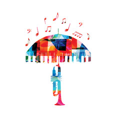 Musical umbrella poster with piano keyboard, trumpet and musical notes. Isolated on white background. Fresh and original artwork. Vector design for live concert events, music festivals and shows. 