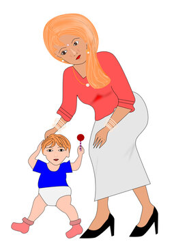 Mother walking with her child stock vector.