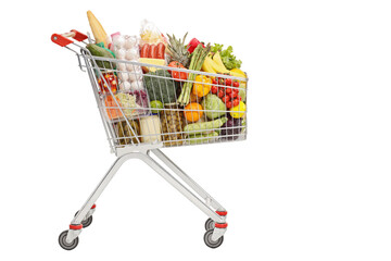 Shopping cart with food products - obrazy, fototapety, plakaty