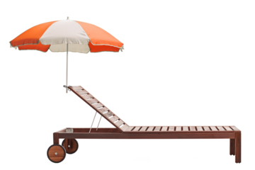 Studio shot of a wooden sunbed with an orange and white umbrella
