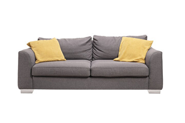 Studio shot of a gray sofa with yellow cushions