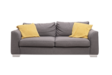 Studio shot of a gray sofa with yellow cushions