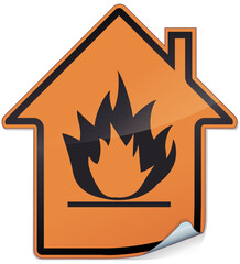 Sticker with the shape of an orange house with the symbol of a flame indicating the flammability of the building (metal reflection)