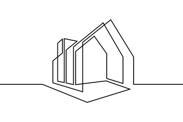 Modern house in continuous line art drawing style. Contemporary building architectural model black linear design isolated on white background. Vector illustration - obrazy, fototapety, plakaty